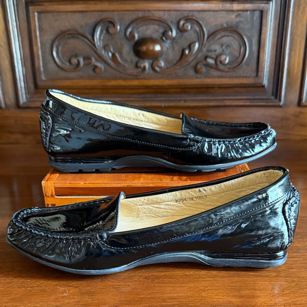 Dana Davis Holly Black Italian Patent Leather Loafer Driving Shoes ~ 6 1/2